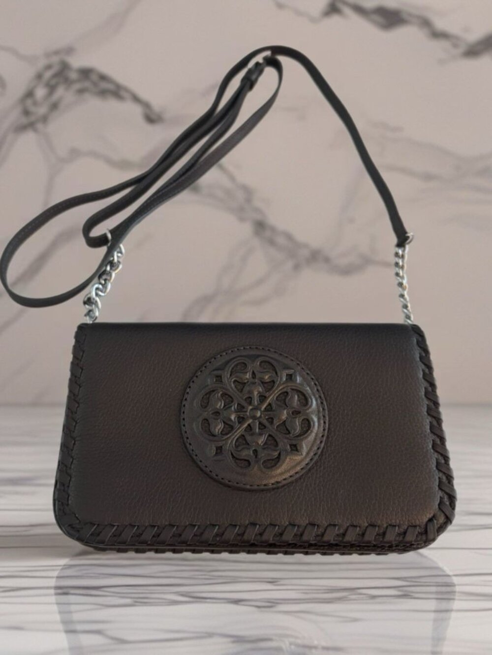 BRIGHTON Ferrara Mini Crossbody Bag Pewter Pebbled Leather Rare .